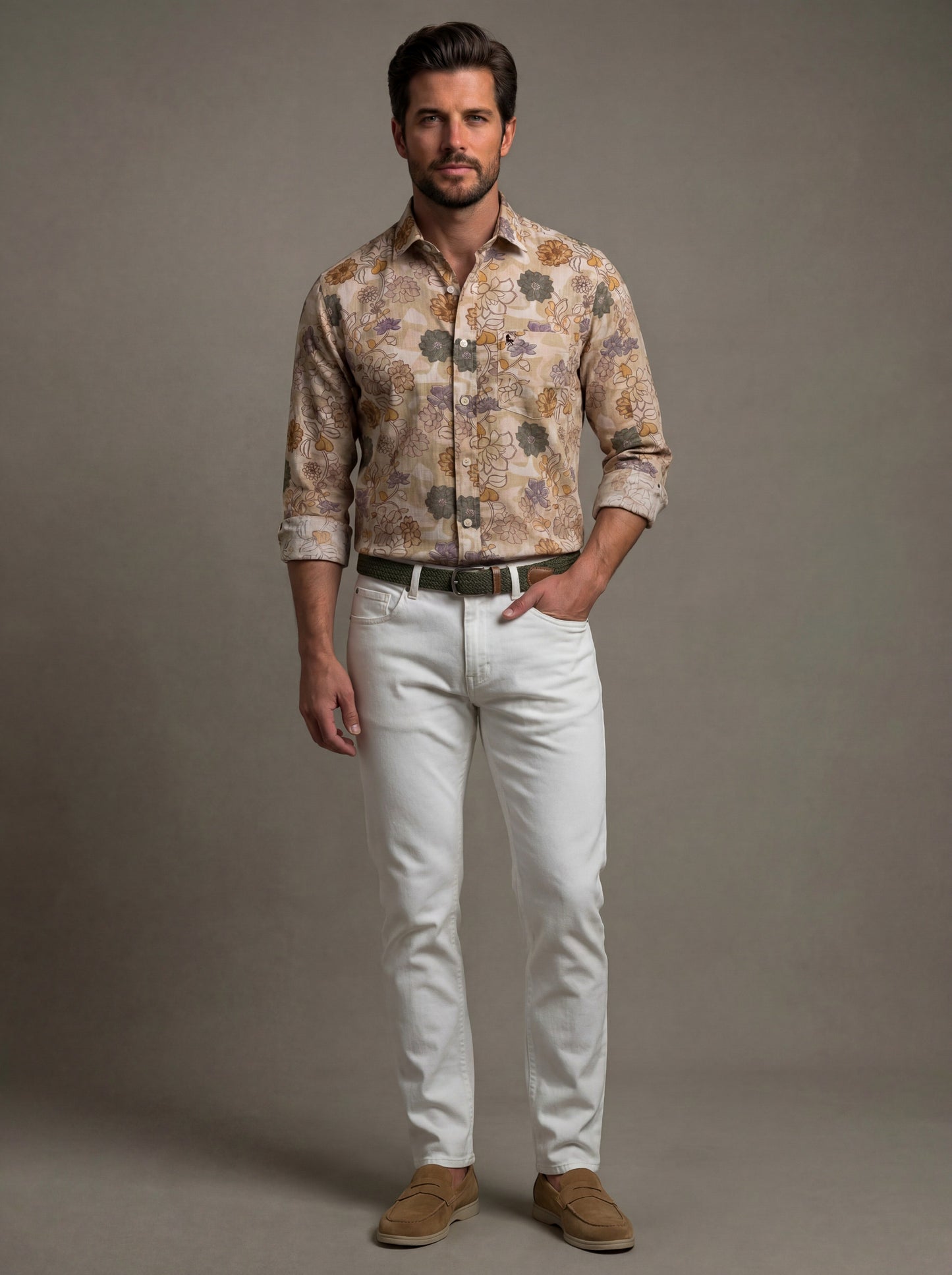 Aberg Slub Beige Printed Full Sleeve Tailored Fit Casual Cotton Shirt