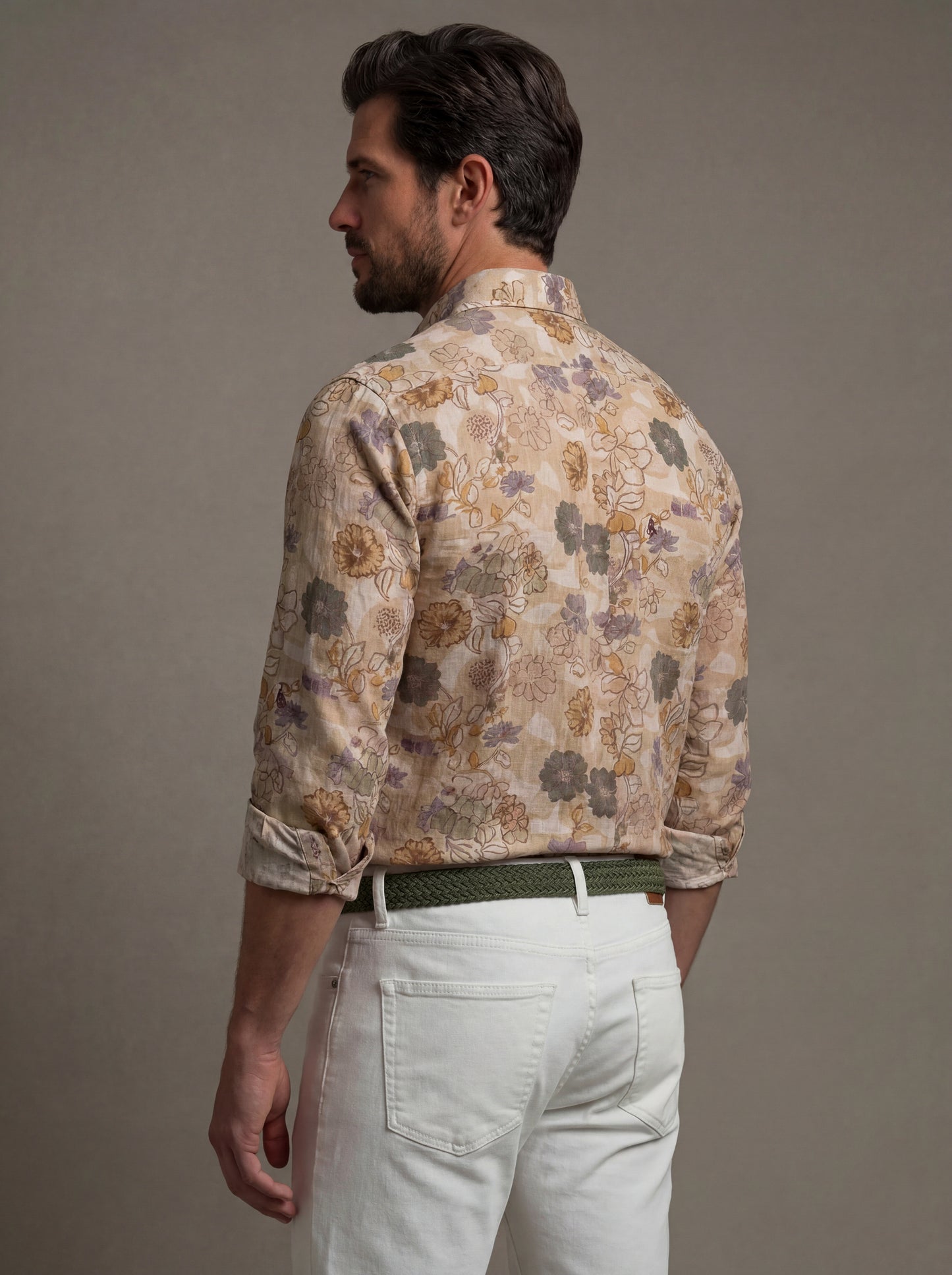 Aberg Slub Beige Printed Full Sleeve Tailored Fit Casual Cotton Shirt