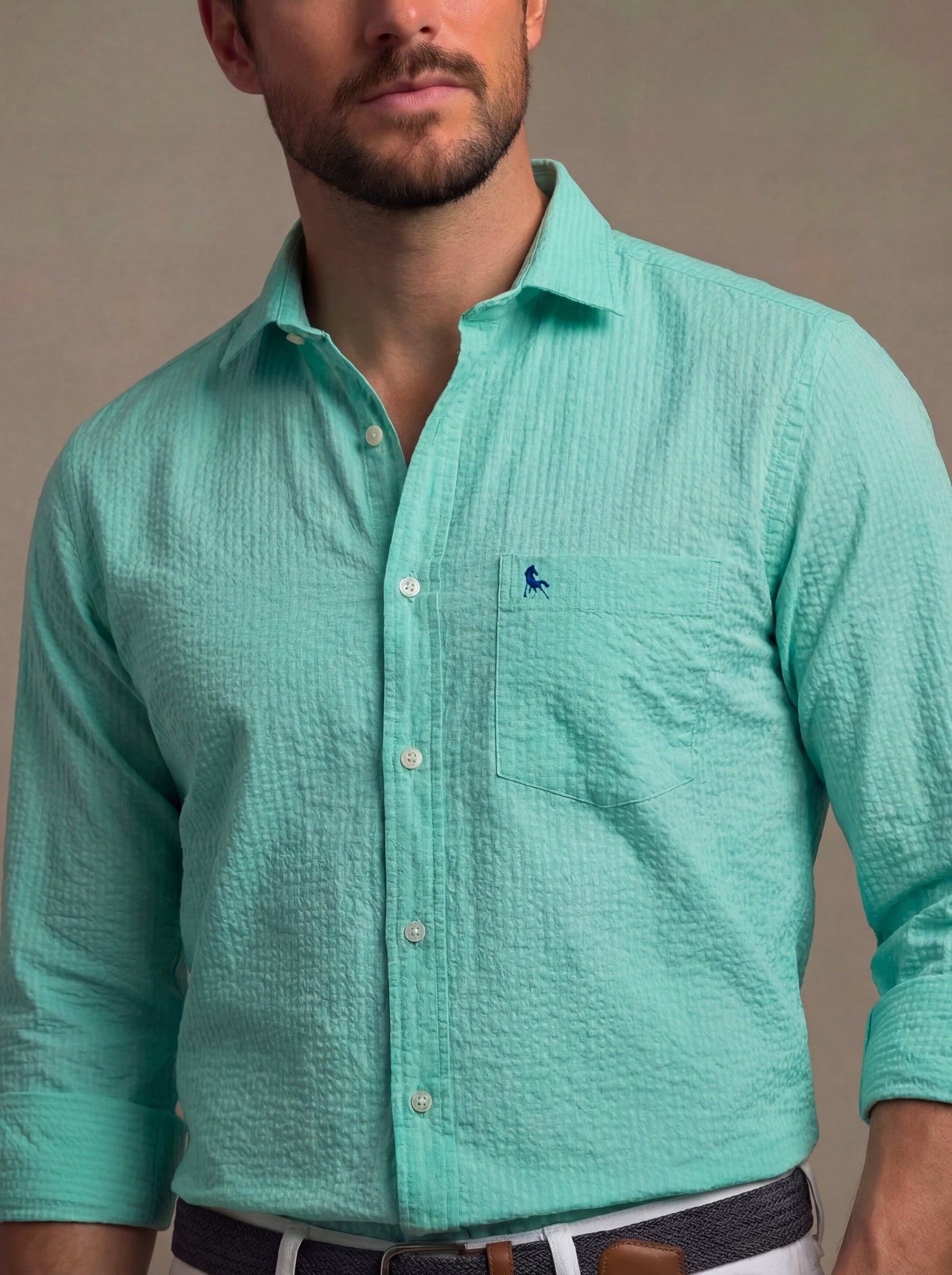 Berlin Seersucker Turquoise Solid Full Sleeve Tailored Fit Casual Cotton Shirt