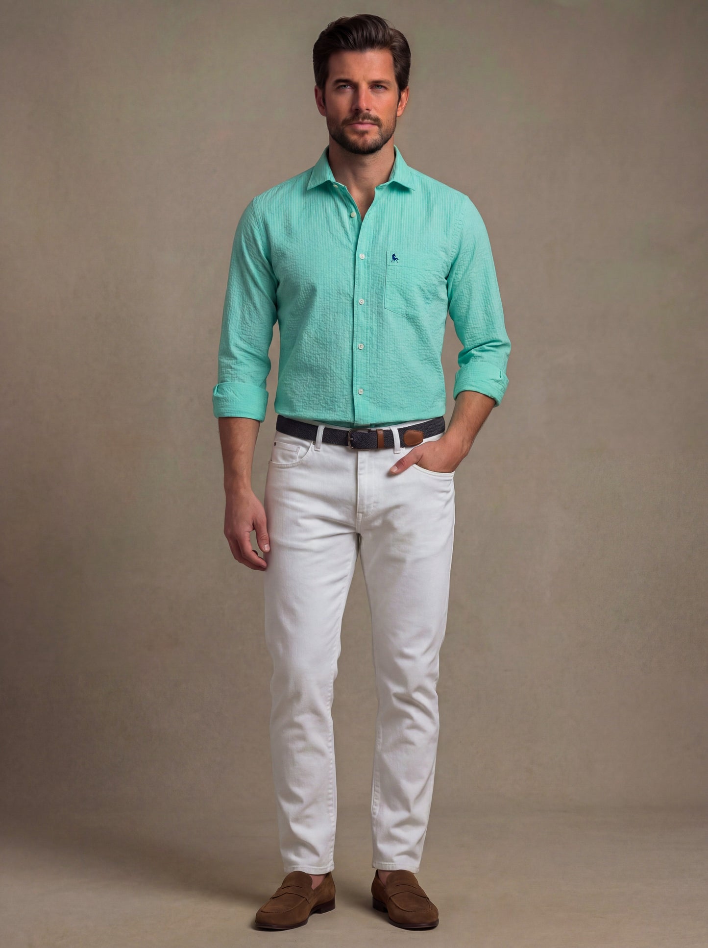 Berlin Seersucker Turquoise Solid Full Sleeve Tailored Fit Casual Cotton Shirt
