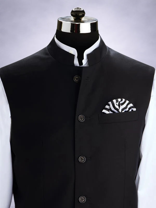Biella Black Pure Wool 160's Sleeveless Jodhpuri