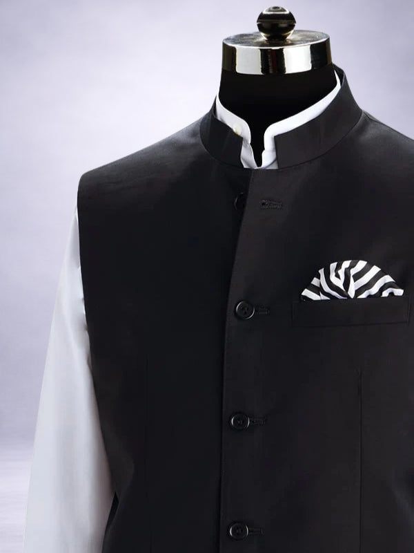 Biella Black Pure Wool 160's Sleeveless Jodhpuri