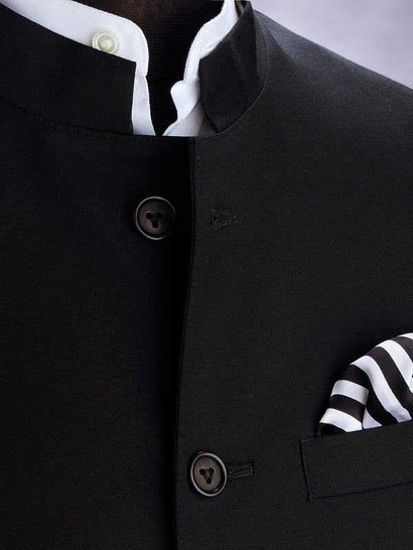 Biella Black Pure Wool 160's Sleeveless Jodhpuri