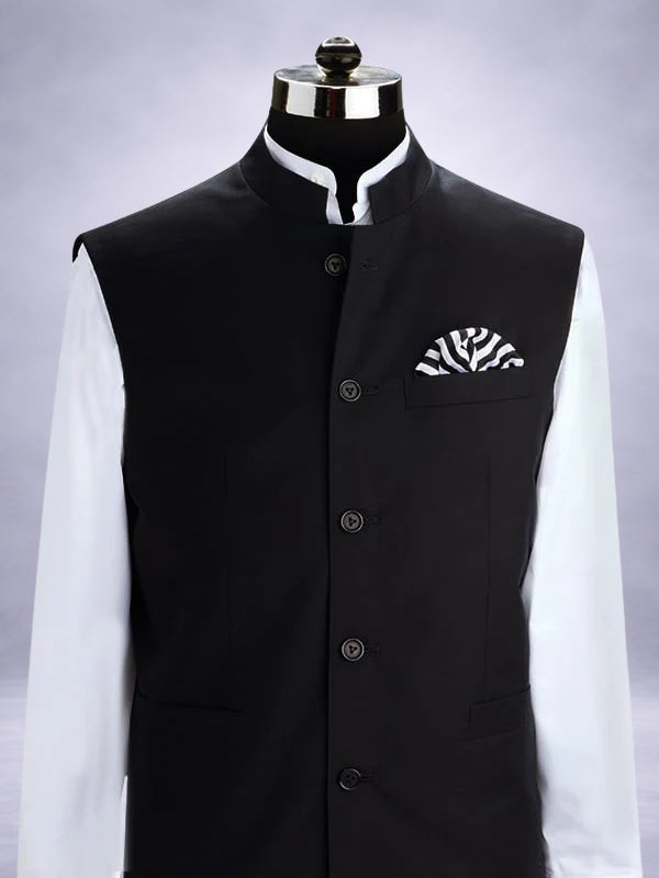 Biella Black Pure Wool 160's Sleeveless Jodhpuri