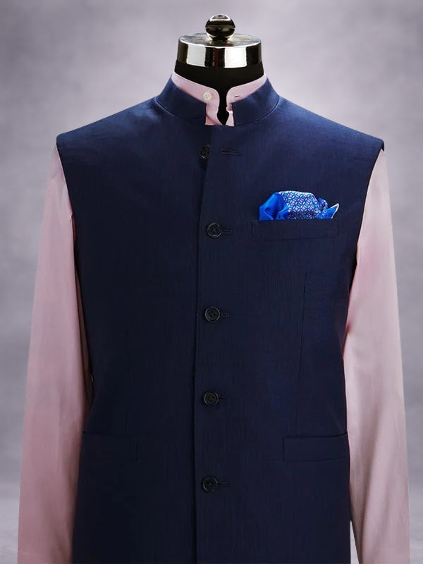Biella Blue Pure Wool 130's Sleeveless Jodhpuri
