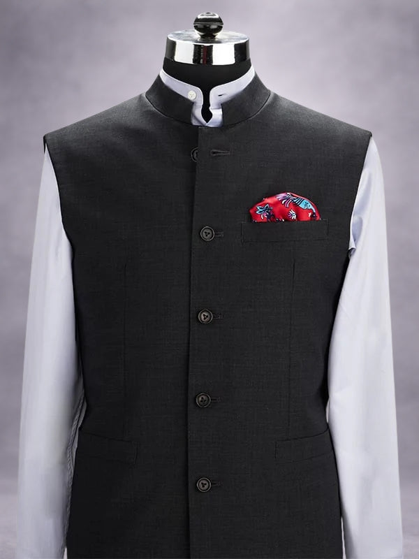 Biella Dark Grey Pure Wool 120's Sleeveless Jodhpuri