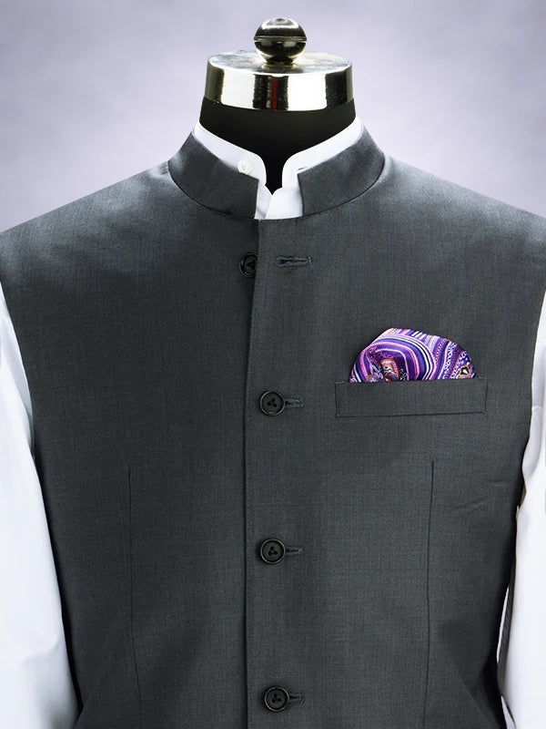Biella Dark Grey Pure Wool 120's Sleeveless Jodhpuri