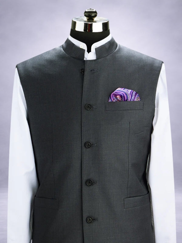 Biella Dark Grey Pure Wool 120's Sleeveless Jodhpuri