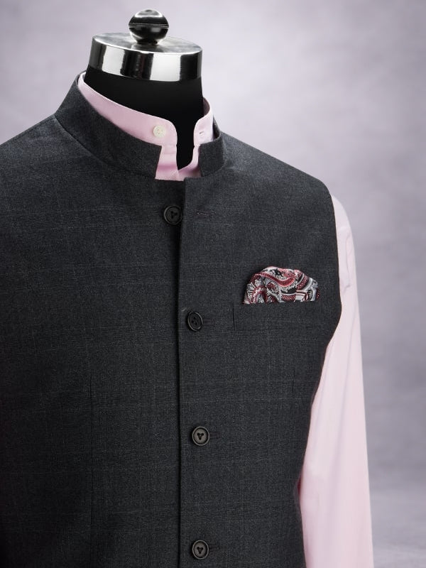 Biella Dark Grey Pure Wool 130's Sleeveless Jodhpuri