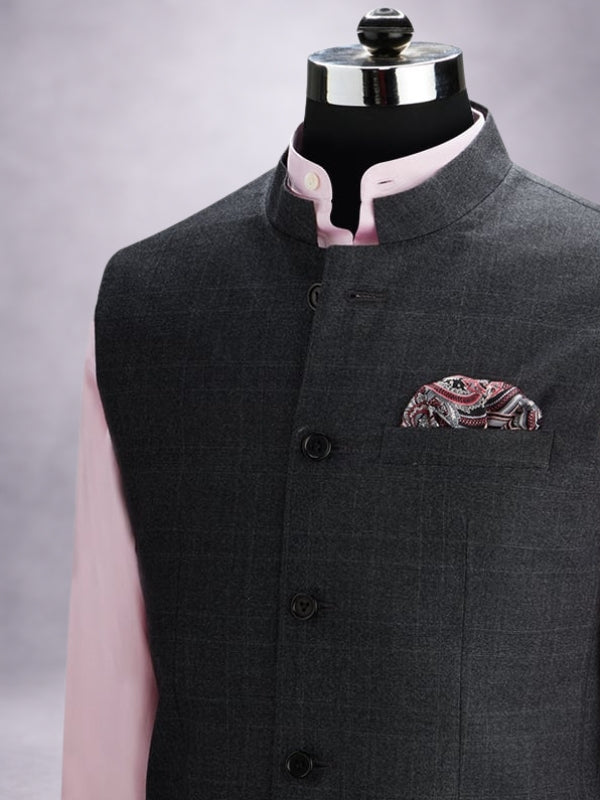 Biella Dark Grey Pure Wool 130's Sleeveless Jodhpuri