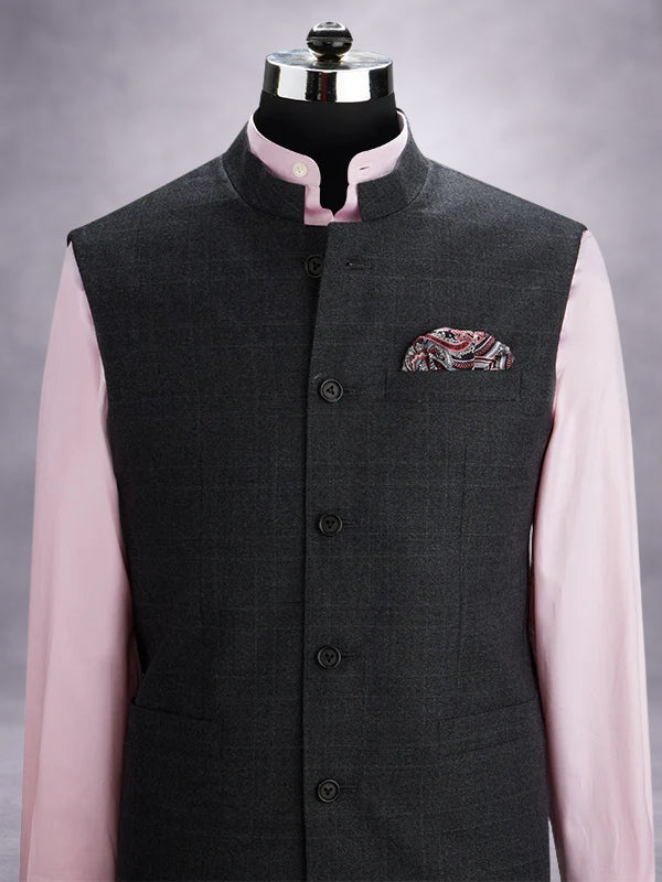 Biella Dark Grey Pure Wool 130's Sleeveless Jodhpuri