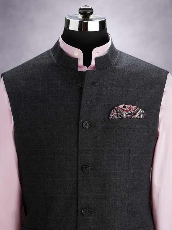 Biella Dark Grey Pure Wool 130's Sleeveless Jodhpuri