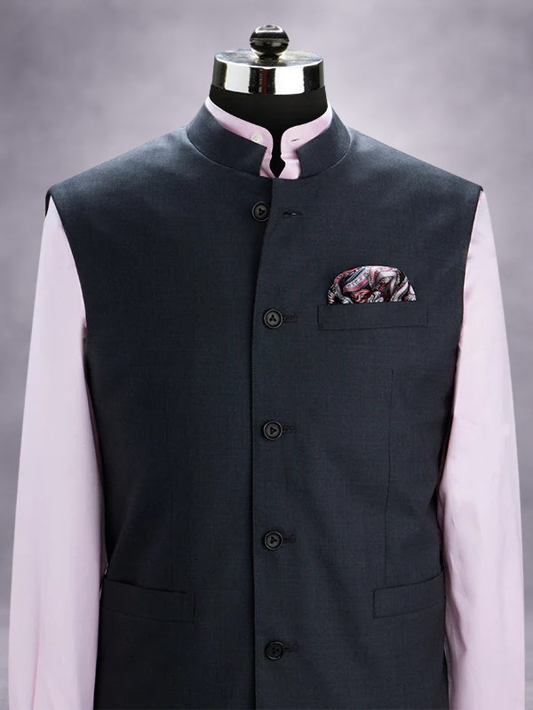 Biella Dark Grey Pure Wool 160's Sleeveless Jodhpuri