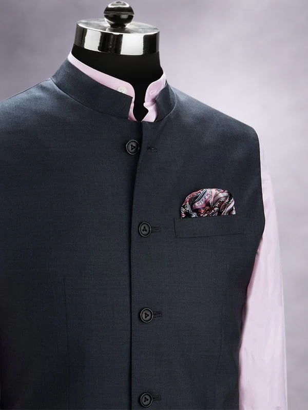 Biella Dark Grey Pure Wool 160's Sleeveless Jodhpuri
