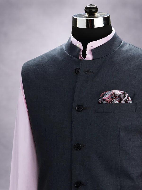 Biella Dark Grey Pure Wool 160's Sleeveless Jodhpuri