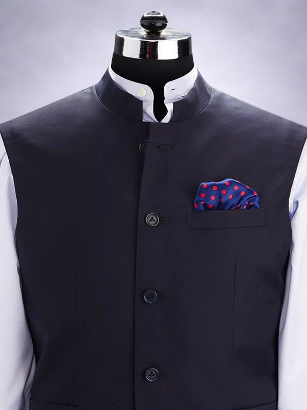Biella Navy Pure Wool 160's Sleeveless Jodhpuri