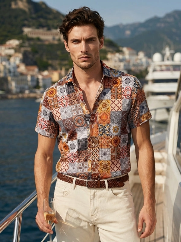 Chico Orange Printed Half Sleeve Slim Fit Party Wear Viscose Shirt
