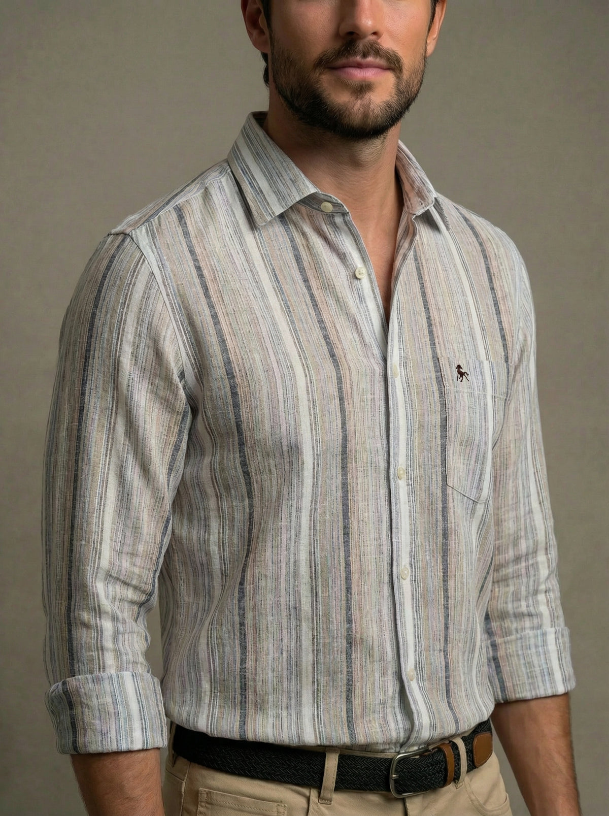 Harman Slub Sand Striped Full Sleeve Tailored Fit Casual Cotton Shirt