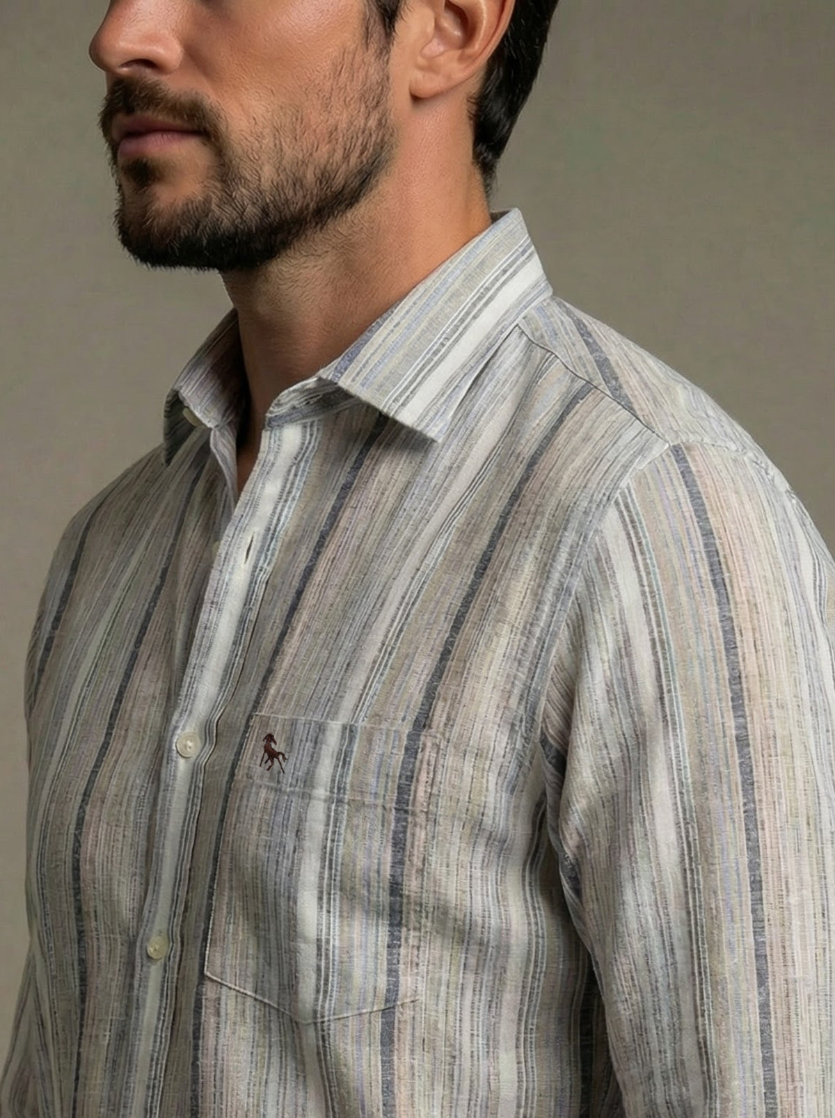 Harman Slub Sand Striped Full Sleeve Tailored Fit Casual Cotton Shirt