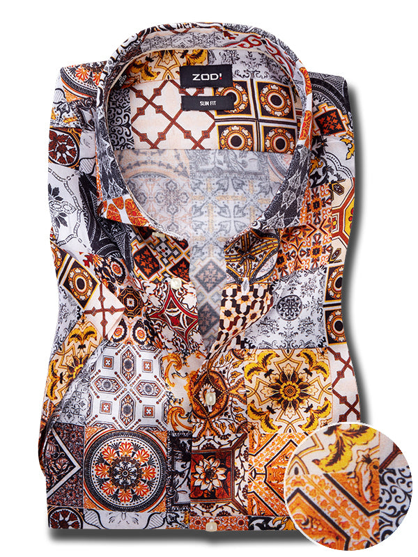 Chico Orange Printed Half Sleeve Slim Fit Party Wear Viscose Shirt