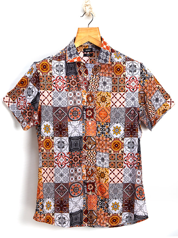 Chico Orange Printed Half Sleeve Slim Fit Party Wear Viscose Shirt