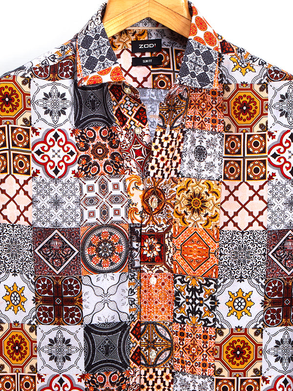 Chico Orange Printed Half Sleeve Slim Fit Party Wear Viscose Shirt