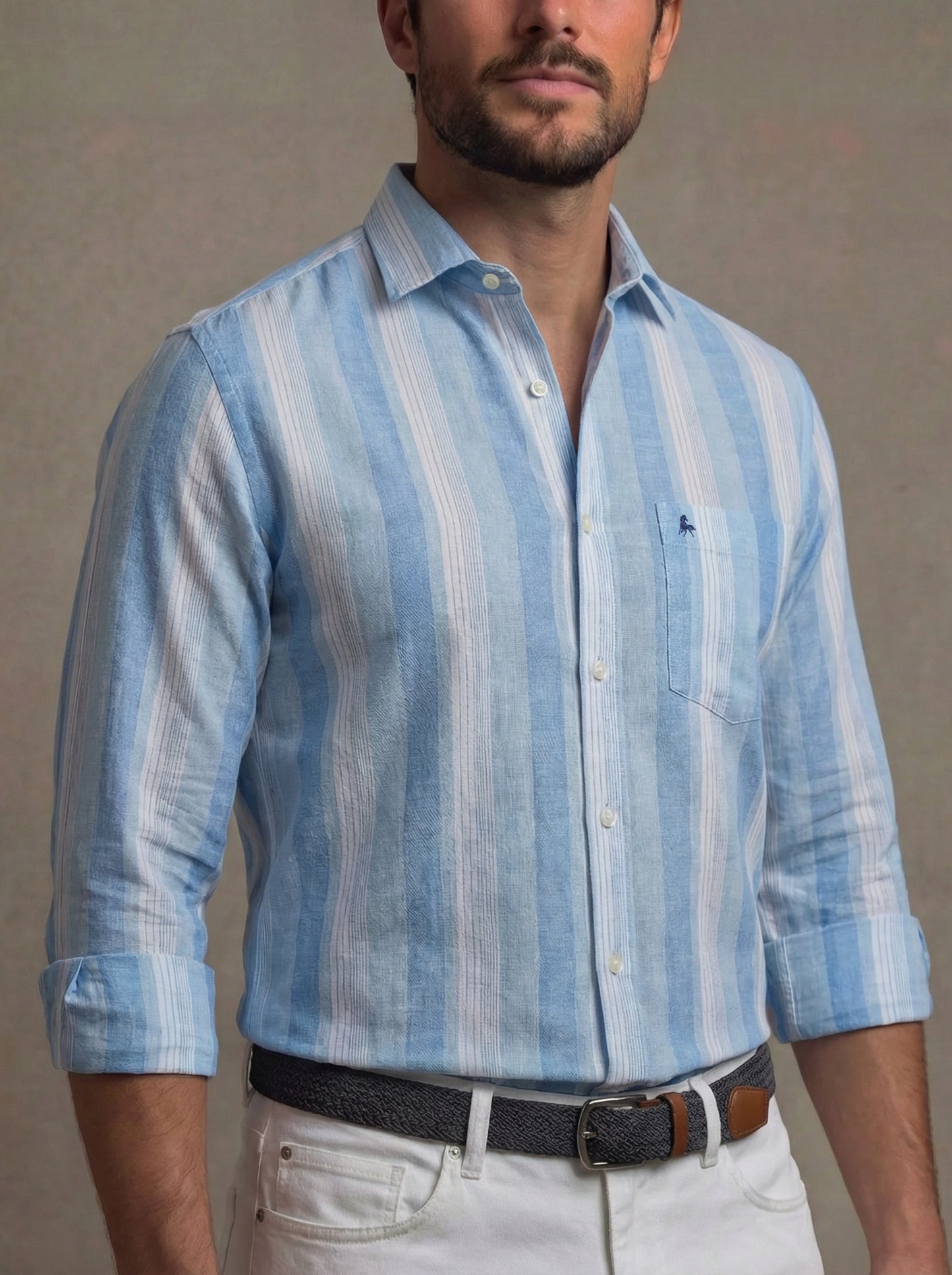 Menorca Crepe Blue Striped Full Sleeve Tailored Fit Casual Cotton Shirt