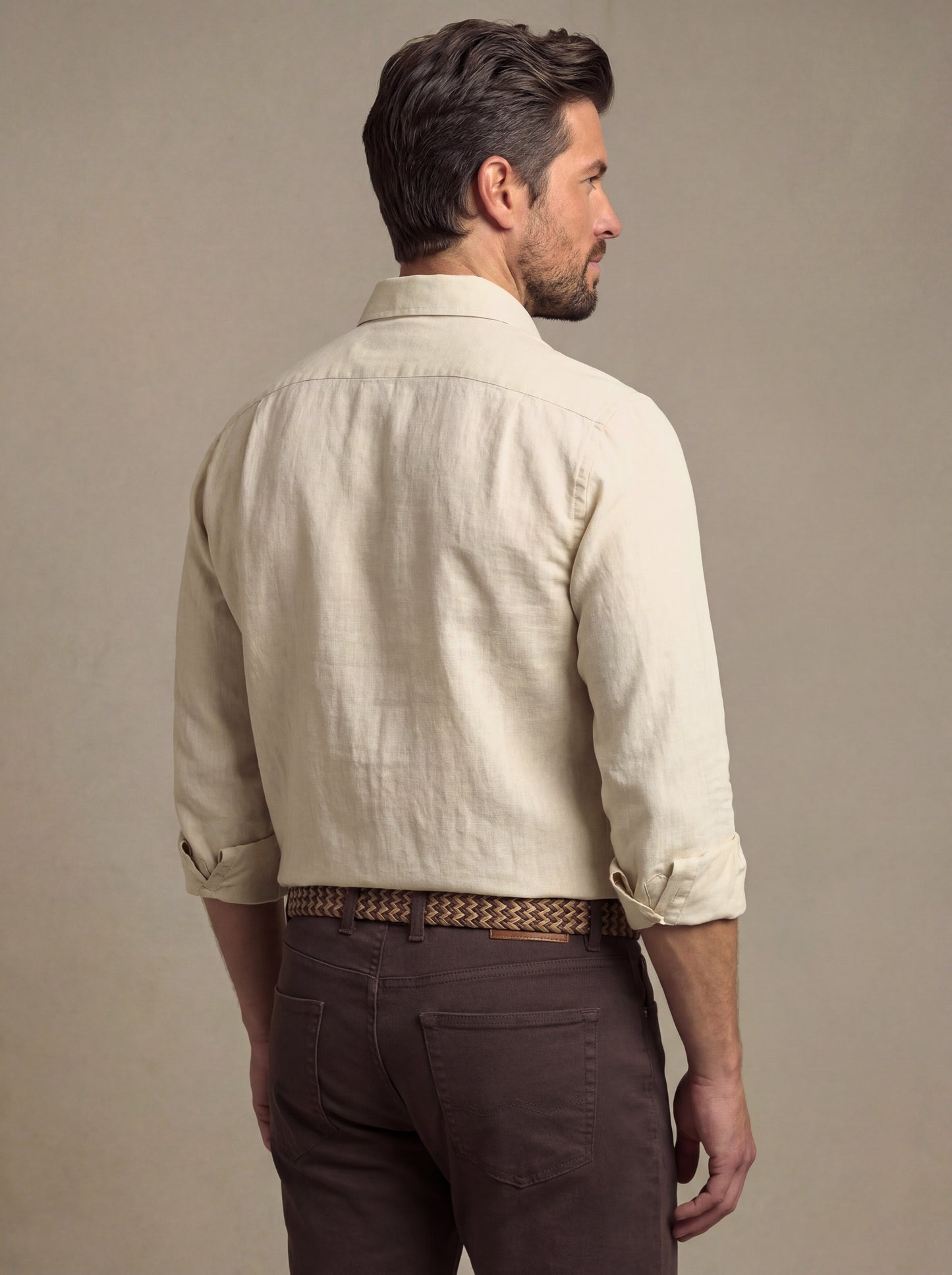 Musetti Slub Beige Solid Full Sleeve Tailored Fit Casual Blended Shirt