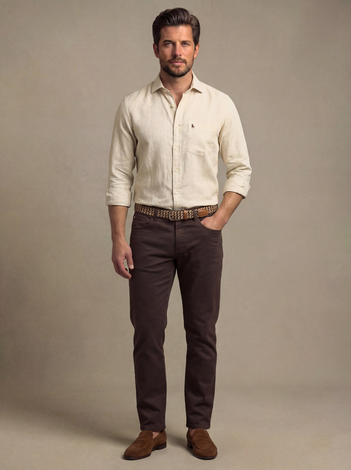 Musetti Slub Beige Solid Full Sleeve Tailored Fit Casual Blended Shirt