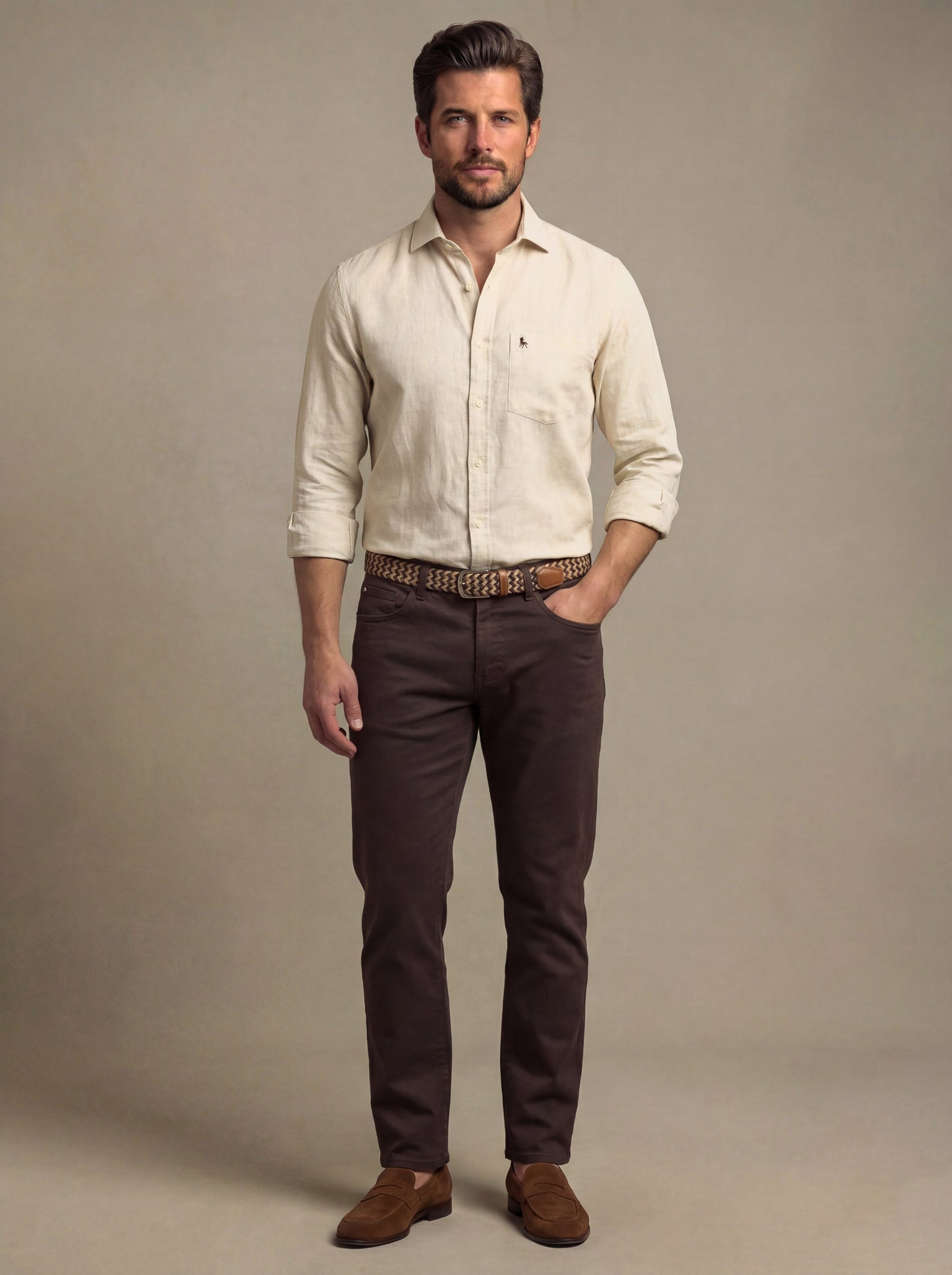 Musetti Slub Beige Solid Full Sleeve Tailored Fit Casual Blended Shirt