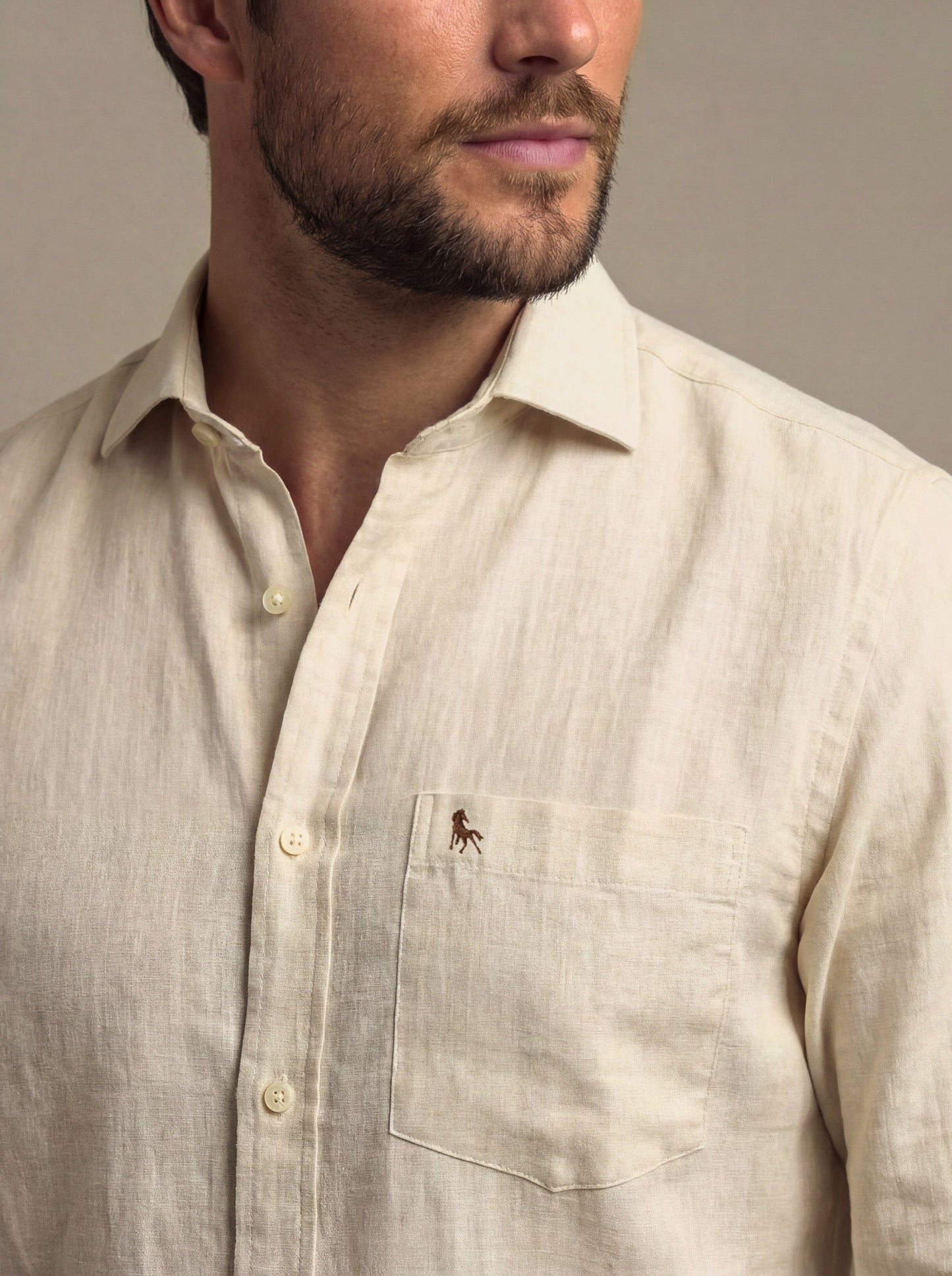 Musetti Slub Beige Solid Full Sleeve Tailored Fit Casual Blended Shirt