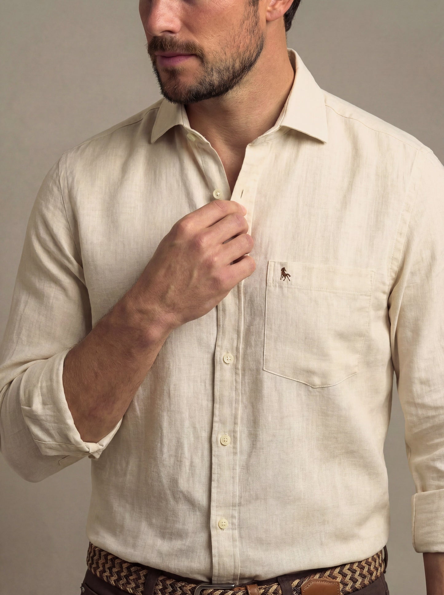 Musetti Slub Beige Solid Full Sleeve Tailored Fit Casual Blended Shirt