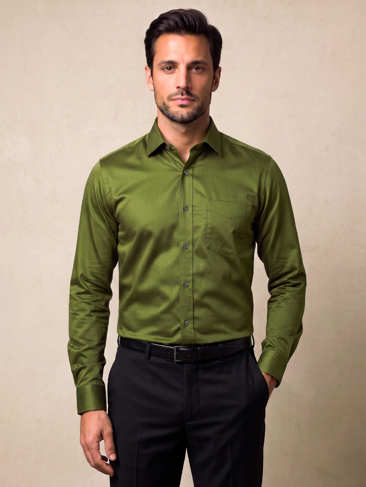 Fine Twill Olive Solid Full Sleeve Single Cuff Classic Fit Semi Formal Super Fine Cotton Shirt