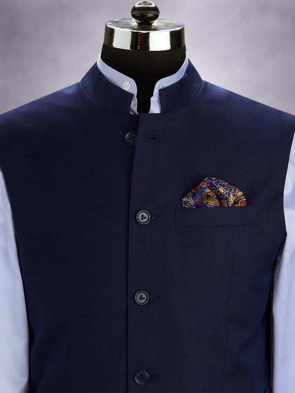 Pollone Blue Poly Wool Sleeveless Jodhpuri
