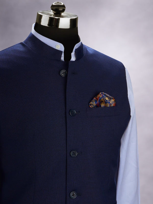 Pollone Blue Poly Wool Sleeveless Jodhpuri