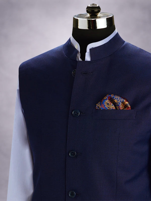Pollone Blue Poly Wool Sleeveless Jodhpuri