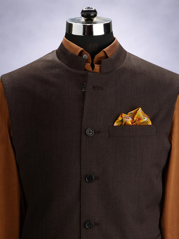 Pollone Brown Poly Wool Sleeveless Jodhpuri
