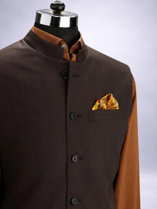 Pollone Brown Poly Wool Sleeveless Jodhpuri