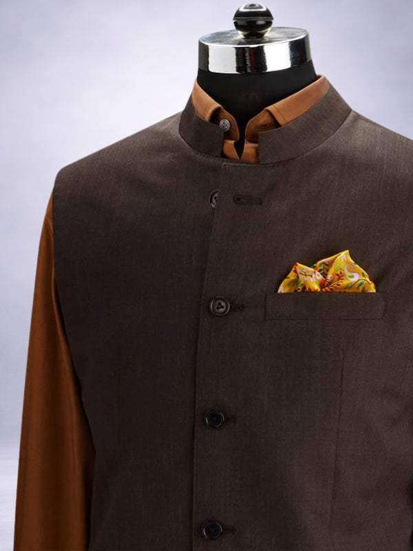 Pollone Brown Poly Wool Sleeveless Jodhpuri
