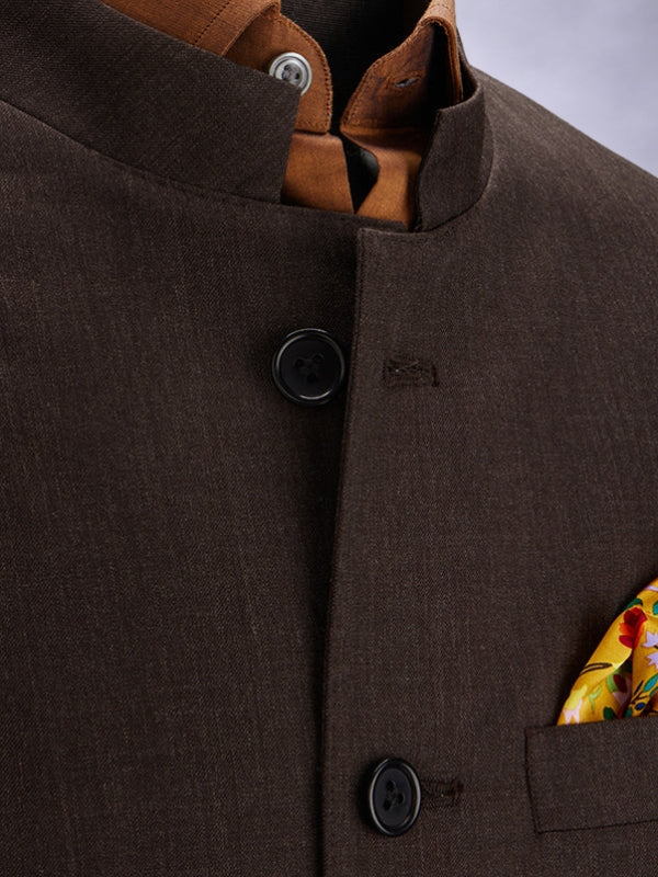 Pollone Brown Poly Wool Sleeveless Jodhpuri