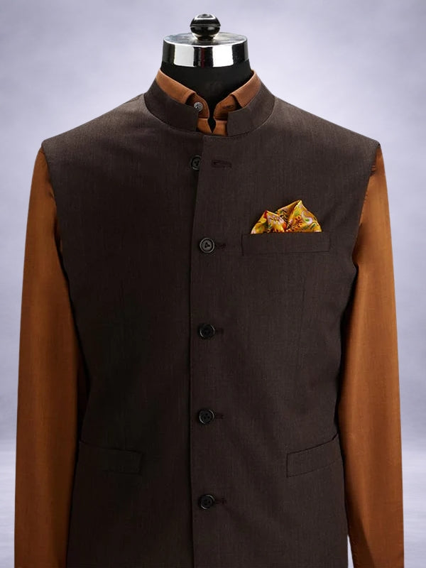 Pollone Brown Poly Wool Sleeveless Jodhpuri