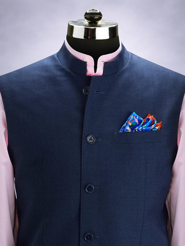 Pollone Navy Poly Wool Sleeveless Jodhpuri
