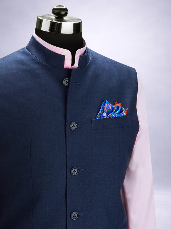 Pollone Navy Poly Wool Sleeveless Jodhpuri