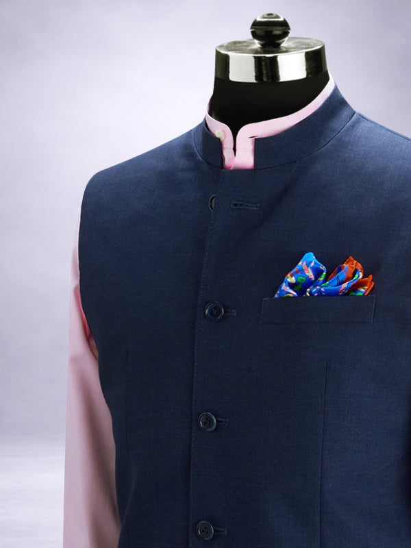 Pollone Navy Poly Wool Sleeveless Jodhpuri
