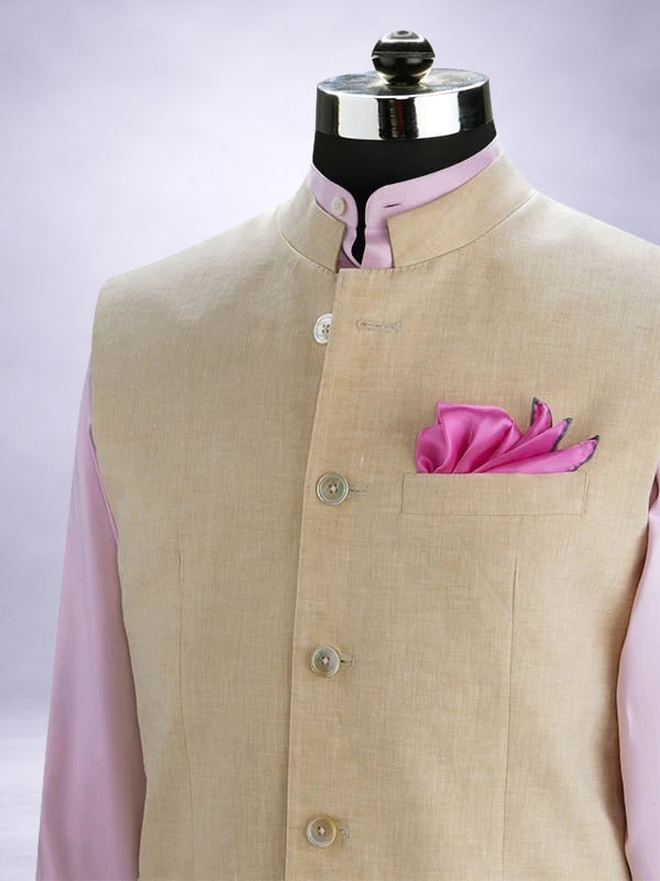 Positano Beige Pure Linen Sleeveless Jodhpuri