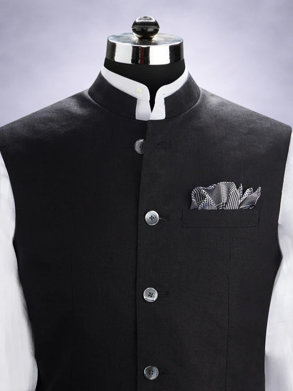 Positano Black Pure Linen Sleeveless Jodhpuri