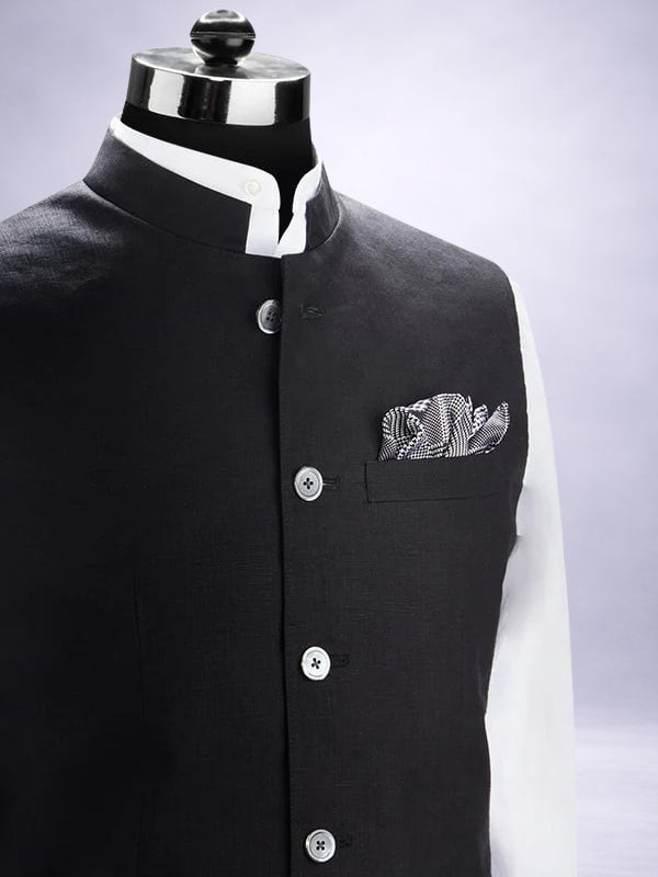 Positano Black Pure Linen Sleeveless Jodhpuri