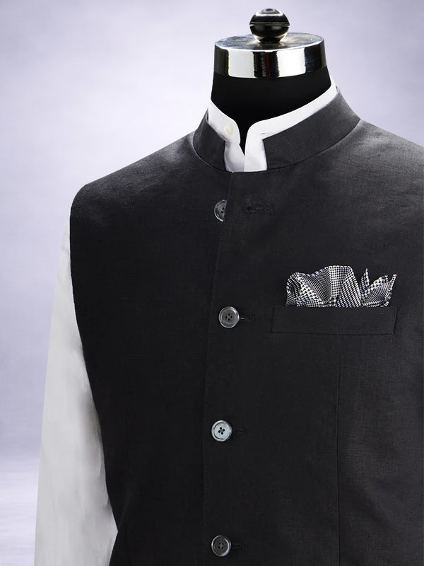 Positano Black Pure Linen Sleeveless Jodhpuri