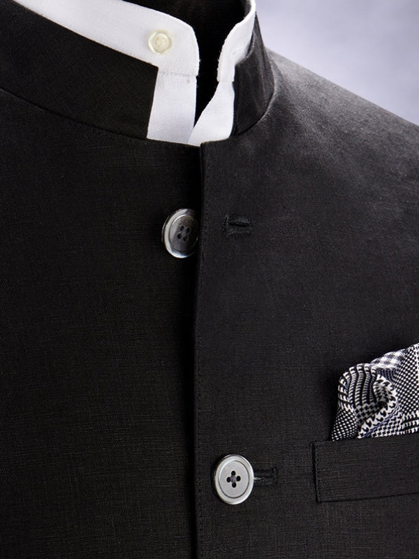 Positano Black Pure Linen Sleeveless Jodhpuri