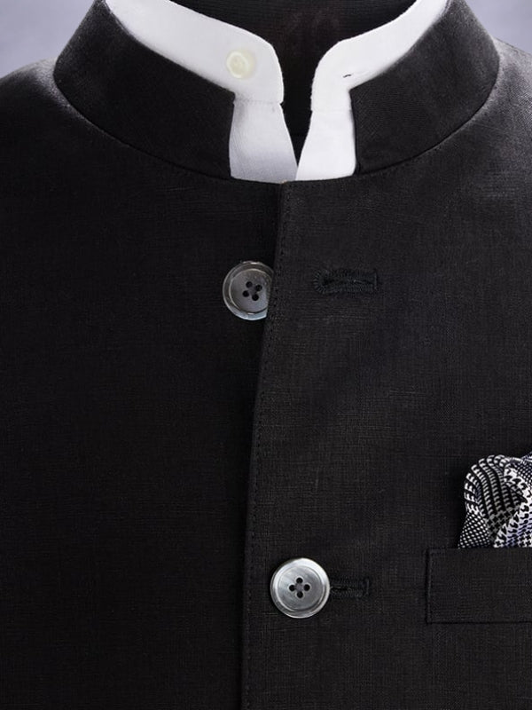 Positano Black Pure Linen Sleeveless Jodhpuri